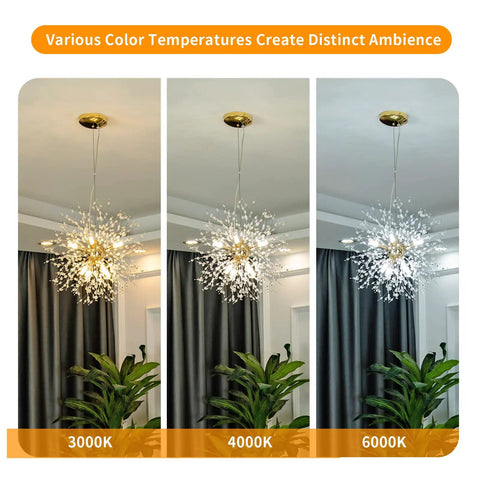 Eight Light Gold Dandelion Sputnik Crystal Chandelier Ceiling Light Fixture For Bedroom Living Room Dining Room Kitchen Island Hallway Modern Fixture Design with three color temperatures displayed in a room setting.
