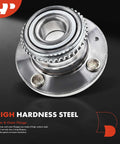 Front view of Rear Wheel Bearing And Hub Assembly With ABS Ring For Mitsubishi Lancer 2002 2003 2004 2005 2006 2007 L4 2.0L 4 Lug Heavy Duty Hub Replacement With High Load Capacity, Smooth Operation And Long Lasting Durability made of high hardness steel.