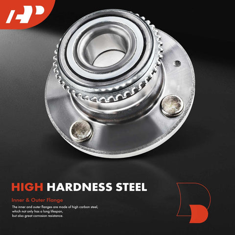 Front view of Rear Wheel Bearing And Hub Assembly With ABS Ring For Mitsubishi Lancer 2002 2003 2004 2005 2006 2007 L4 2.0L 4 Lug Heavy Duty Hub Replacement With High Load Capacity, Smooth Operation And Long Lasting Durability made of high hardness steel.