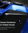 Heavy Duty Titanium Fasteners With A Slick Burnt Blue Finish M6 X 18mm Fully Threaded T30 Torx Button Head Screws on blue body panel.