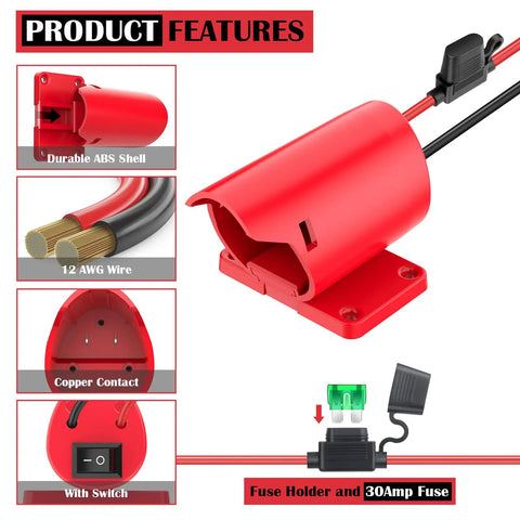 Power Wheel Battery Adapter For 12V DIY RC Cars And Robotics with switch, fuse, 12AWG wire, ABS shell detailed features view