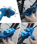 Eight Piece Precision Bicycle Cleaning Tool Kit With Chain Scrubber in use on bike chain, showing dimensions and components.