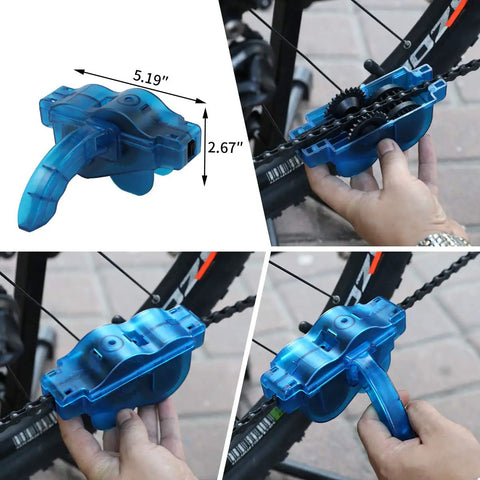 Eight Piece Precision Bicycle Cleaning Tool Kit With Chain Scrubber in use on bike chain, showing dimensions and components.
