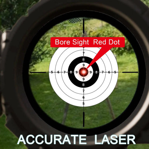 View through scope showing red dot alignment using Laser Bore Sighter Kit For 22LR And 9mm Calibers, enhances accuracy.