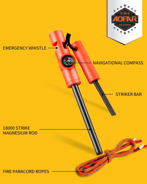 Ultimate Go-To All Weather 5-In-1 Fire Starter Kit For Camping And Outdoors with compass, whistle, magnesium rod, and paracord