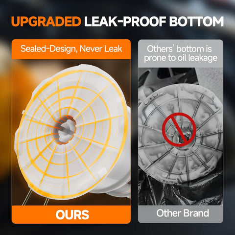 Oil extractor, 6.5L capacity, sealed-bottom design; white plastic with orange trim, front view.