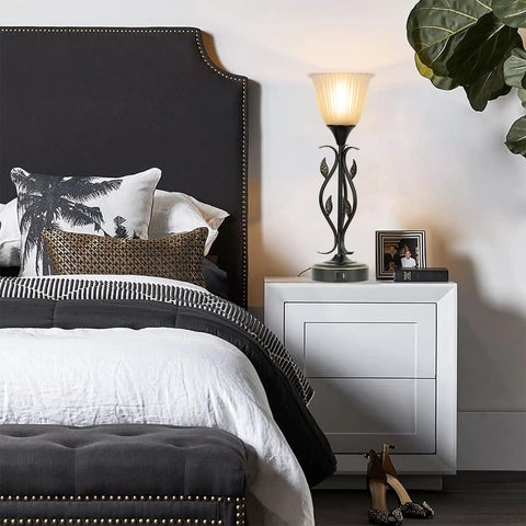 Bedroom with Set Of 2 Touch Control Table Lamps With 3 Way Dimmable Torchiere Lighting, and Rustic Leaf Body