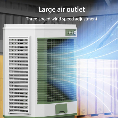 Portable Evaporative Cooler With Large Water Tank And Four Ice Packs, Windowless Air Conditioner For Garage Or Patio, three-speed wind adjustment feature shown.