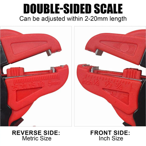 Close-up of 2 In 1 Wire Stripper And Cutter Quickstrip Tool showing double-sided scale, metric and inch sizes for electronics and automotive repair.