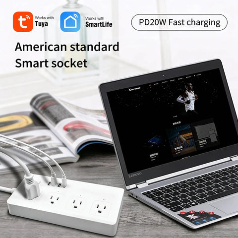 Slick WiFi Smart Power Strip With Eight Plug And Play Outlets Delivering Solid Surge Protection Alongside Pd 20W USB C Fast Charging, with laptop and magazines.