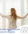 80 Piece Plantation Shutter Repair Kit With Solid Fasteners Sweet Louver Hardware showing louvers staples and a person adjusting curtains