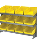 Garage Ready Heavy Duty Three Shelf Work Bench Storage Rack With Angled Shelves For Plastic Bins, 36 And Three Quarters Inches Wide, 12 Inches Deep, 25 Inches High, Gray shown with yellow bins.