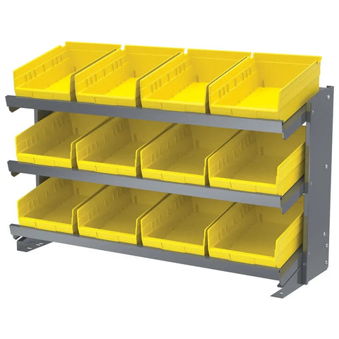 Garage Ready Heavy Duty Three Shelf Work Bench Storage Rack With Angled Shelves For Plastic Bins, 36 And Three Quarters Inches Wide, 12 Inches Deep, 25 Inches High, Gray shown with yellow bins.