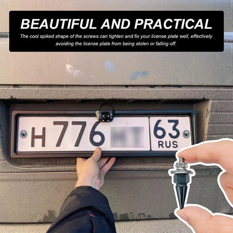 Person installing Titanium Spike License Plate Screws Four Pack For Cars Trucks And Motorcycles Anti Theft Spike Bolts