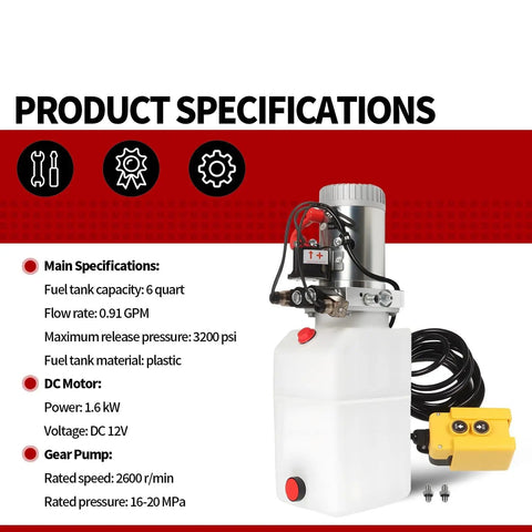 12V DC Double Acting Hydraulic Pump Power Unit With 6 Quart Tank For Lifting And Lowering Dump Trailers And Trucks, 0.91 GPM Flow