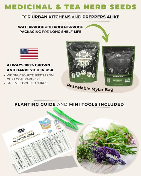 40 Medicinal And Tea Herb Seeds Variety Pack For Indoor And Outdoor Gardens Windowsill Friendly Heirloom USA Grown with planting guide