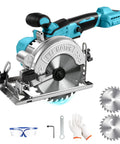 Badass 5 Inch Brushless Cordless Circular Saw Snap Mount Design with blade, safety glasses, gloves, and tools for remodeling.