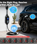 Tesla Level 2 EV Charger With 40 Amp 240V NEMA 14-50 Plug and 25Ft Cable in use on black car outdoors