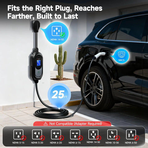 Tesla Level 2 EV Charger With 40 Amp 240V NEMA 14-50 Plug and 25Ft Cable in use on black car outdoors