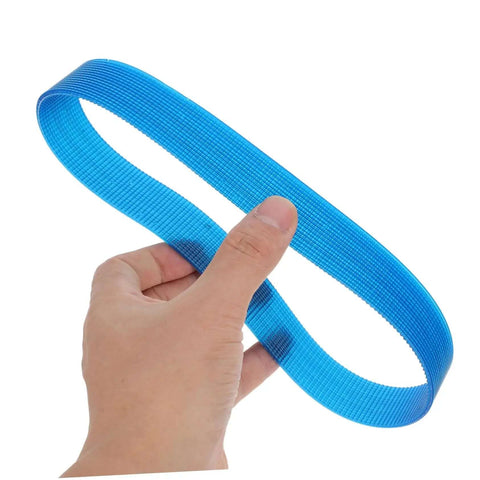 Hand holding part of Aluminum Cutting Belt Set For Sander And Polisher 3 Piece Replacement Rubber Belts Blue For Grinding Sanding And Polishing Tasks Durable Sanding Belts For Grinder Sander Belts