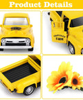 Four views of Sunflower Metal Farm Truck Decor Set Of Four with openable doors and large mini sunflowers, vintage diecast style