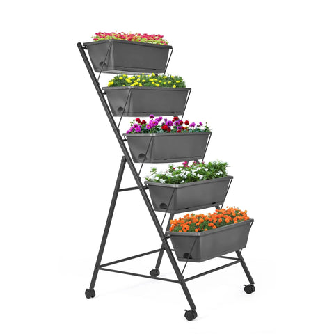 Five Tier Raised Garden Bed Uber Sturdy With Vertical Planter Stand Tall Outdoor Garden Box With Drainage Holes Removable Tray Black Metal Frame For Balcony Patio Porch Backyard Herb Veggie Growing
