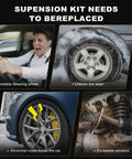 ASAPE 12PCS front suspension kit for Corolla; infographic shows unstable steering, uneven tire wear, noise, vibration.