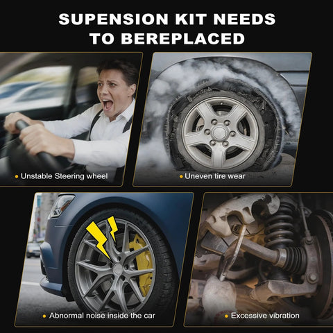 ASAPE 12PCS front suspension kit for Corolla; infographic shows unstable steering, uneven tire wear, noise, vibration.