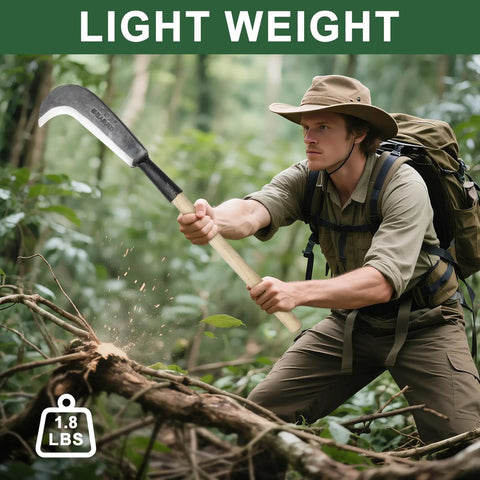 Man using 22 Inch Steel Machete For Heavy Duty Yard Work And Tree Cutting Beast Ready All Purpose Garden Clearing Tool with rugged blade