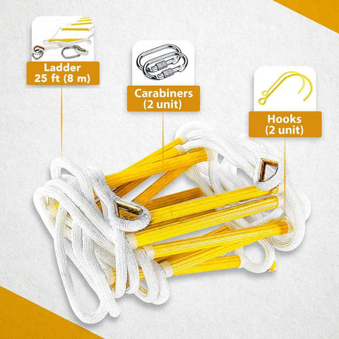 Heavy Duty Fire Escape Rope Ladder For 3 Story Homes 25 Feet Flame Resistant Rescue Ladder With Hooks, shown coiled with carabiners.