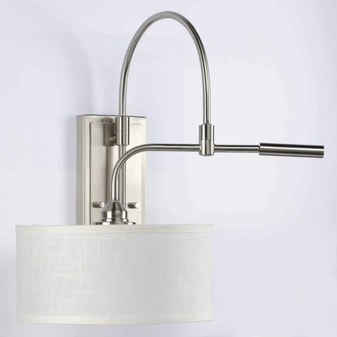 Kempsey Collection One-Light Swing Arm Wall Bracket Nickel Finish, Adjustable Swing Arm Wall Sconce with linen shade, front view