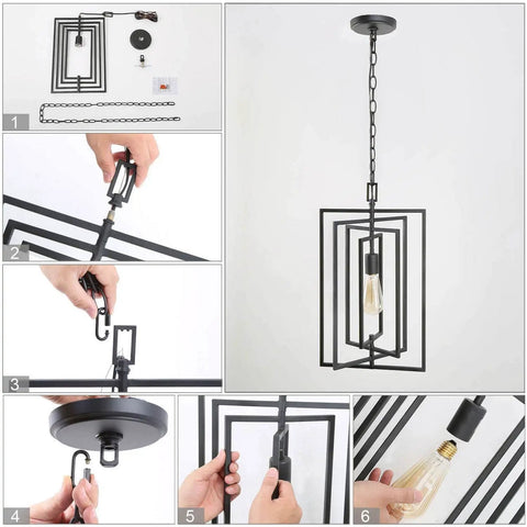 Black Geometric Pendant Lighting For Kitchen Island And Foyer, Adjustable Frame Chandelier with installation process details