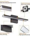Sleek Black LED Vanity Light For Bathroom 16 Inch 16W Over Mirror Wall Mounted 6000K Cool White Integrated Fixture with details