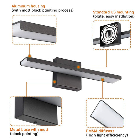 Sleek Black LED Vanity Light For Bathroom 16 Inch 16W Over Mirror Wall Mounted 6000K Cool White Integrated Fixture with details