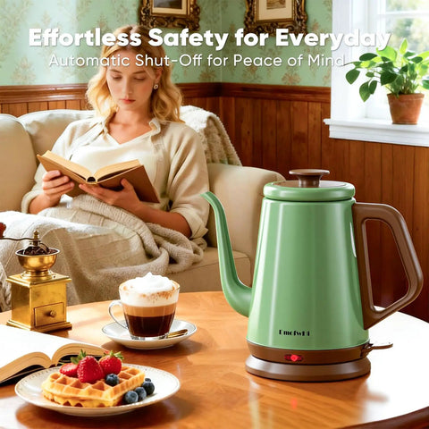 Gooseneck Electric Kettle 1L For Precise Pour Over Coffee And Tea Stainless Steel BPA Free Green Finish Ergonomic Handle Fast Heating Classic Pour Over Kettle For Home Barista on a table with breakfast beside a seated person reading