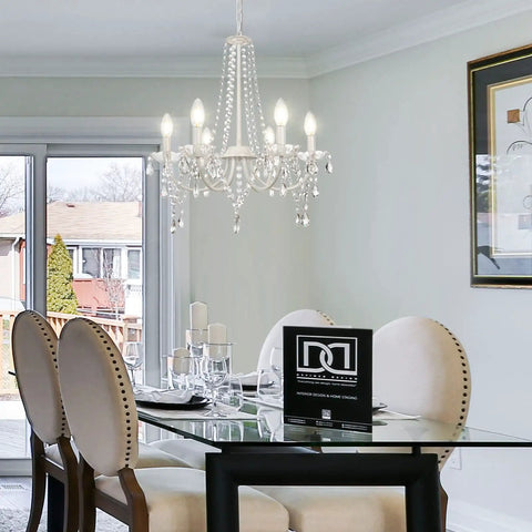 Six Light White Crystal Candle Chandelier For Dining Room And Living Spaces Modern Farmhouse Glam Fixture With Clear Pendant Ornaments Prewired And Easy Install Perfect For Entryway And Foyer over a set dining table.
