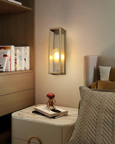 Indoor view of Outdoor Wall Light Waterproof Exterior Sconce with Brass Frame and Clear Glass Shade illuminating a room