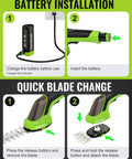 Battery installation and blade change for 2-In-1 Cordless Hedge Trimmer And Grass Cutter, 3.6V Electric Trimmer With 4.0Ah Removable Battery