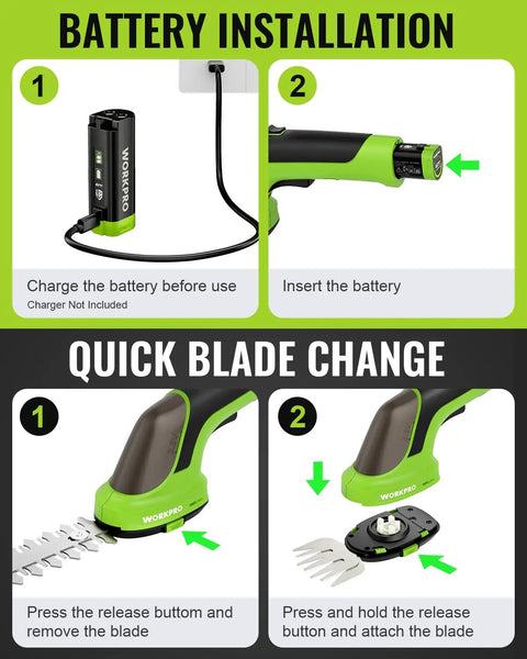 Battery installation and blade change for 2-In-1 Cordless Hedge Trimmer And Grass Cutter, 3.6V Electric Trimmer With 4.0Ah Removable Battery