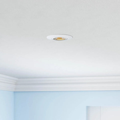 3 Inch Waterproof Recessed Shower Light With 9W COB LED installed on white ceiling, showing adjustable gimbal feature.