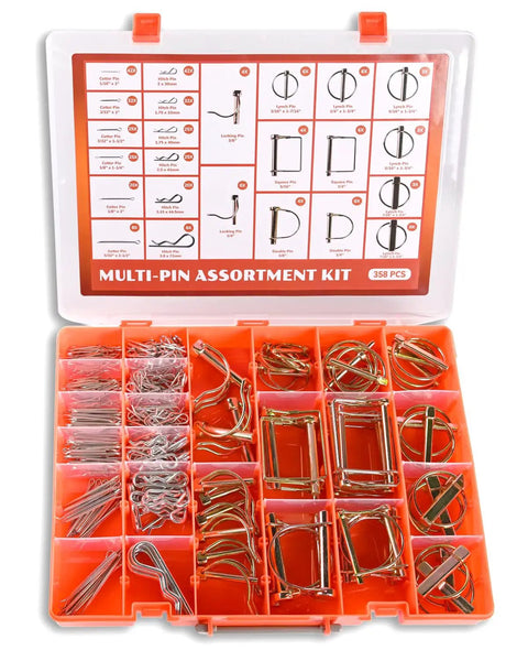 358 Piece Pin Set With Hitch Pins Lynch Pins PTO Pins For Tractors Trailers Trucks Mowers Snow Plows And Farm Equipment Heavy Duty Attachments For Secure Vibration Free Connections, divided case