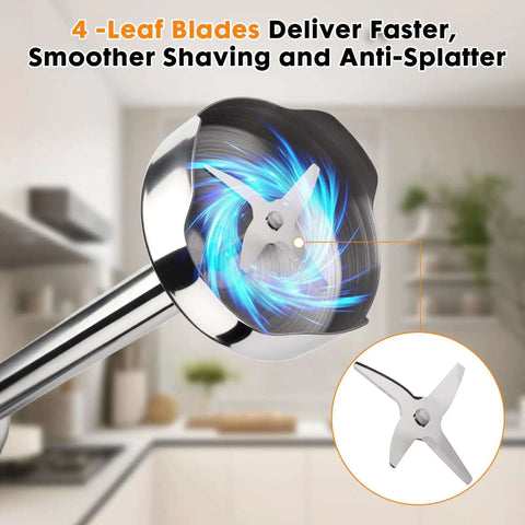Close-up of 4-leaf blades of Heavy Duty Handheld Immersion Blender 6 In 1 Electric Mixer, showcasing smooth blending action.