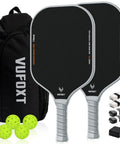 Set Of 2 Pickleball Paddles With Raw Carbon And Glass Fiber Surface, 14mm PP Honeycomb Core, Ultra Light, Dope Spin Control shown with bag, balls, tape, and cleaner.