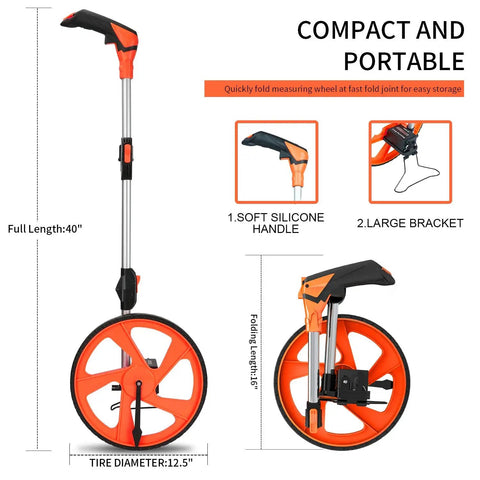 Distance Measuring Wheel With Feet And Inches Readout, Collapsible Folding Design, Portable Mechanical Wheel shown extended and folded