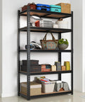 Heavy Duty 2000 Lb 5 Tier Metal Garage Shelving Unit With Wood Shelves, 72 Inch H, 36 Inch W, loaded with various storage items.