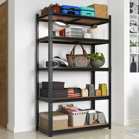 Heavy Duty 2000 Lb 5 Tier Metal Garage Shelving Unit With Wood Shelves, 72 Inch H, 36 Inch W, loaded with various storage items.