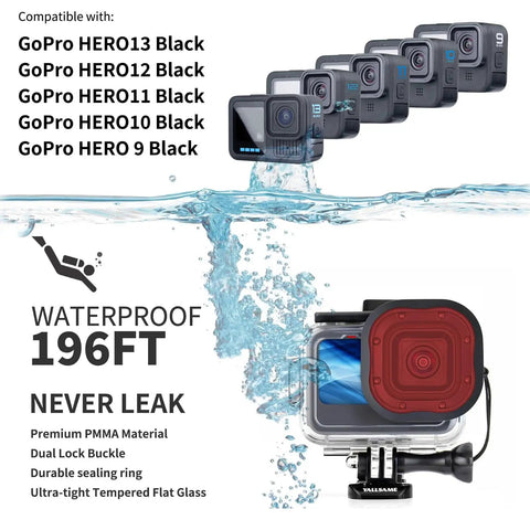 Waterproof GoPro Hero 9 10 11 12 13 case with deep dive 196ft housing shown with action camera underwater