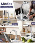 HOWUWEY Chrome Kitchen Faucet with Pull Down Sprayer & Cup Washer showing four spray modes: spray, stream, sweep, and waterfall.