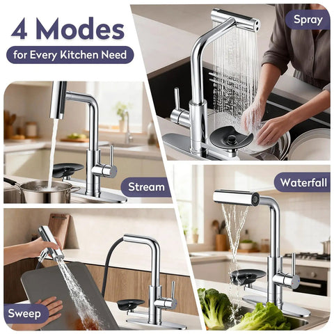 HOWUWEY Chrome Kitchen Faucet with Pull Down Sprayer & Cup Washer showing four spray modes: spray, stream, sweep, and waterfall.