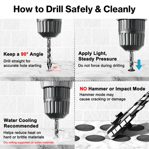 Tile Drill Bit Set 1/4 to 1/2 Inch 6-12mm With 1/4 Inch Hex Shank Eccentric 4-Cutter Design tips for porcelain ceramic use